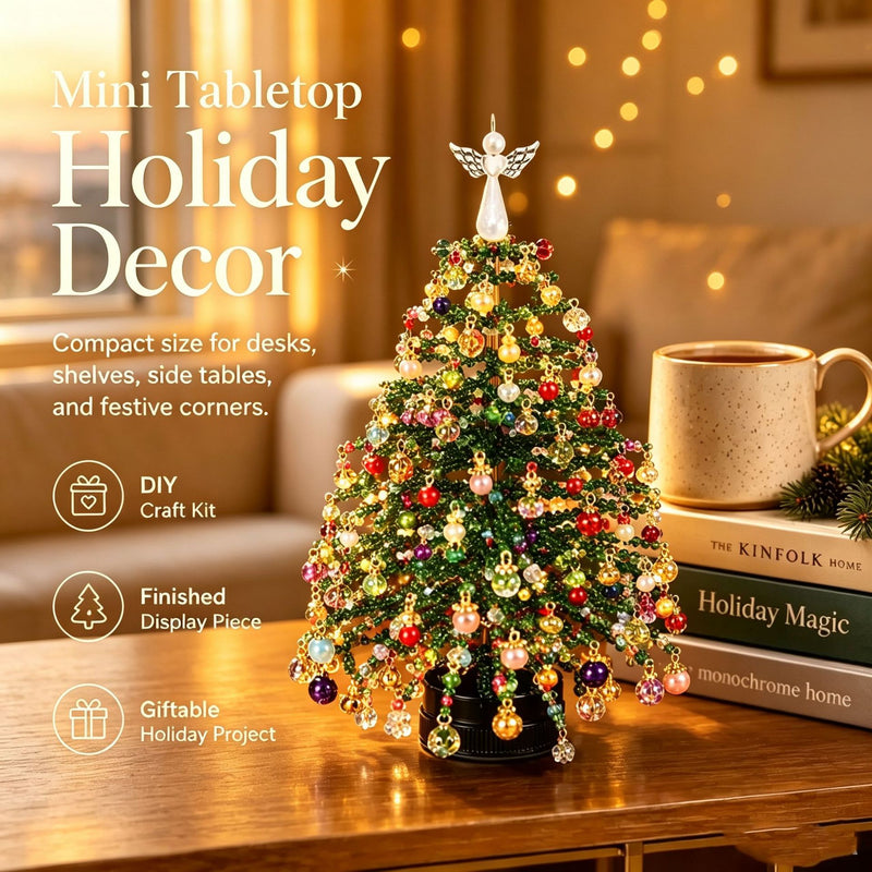 11" DIY Beaded Christmas Tree Kit - Realistic Artificial Holiday Tree with Lights, Angel Topper & Decorations for Home, Wedding, Office, Seasonal Displays
