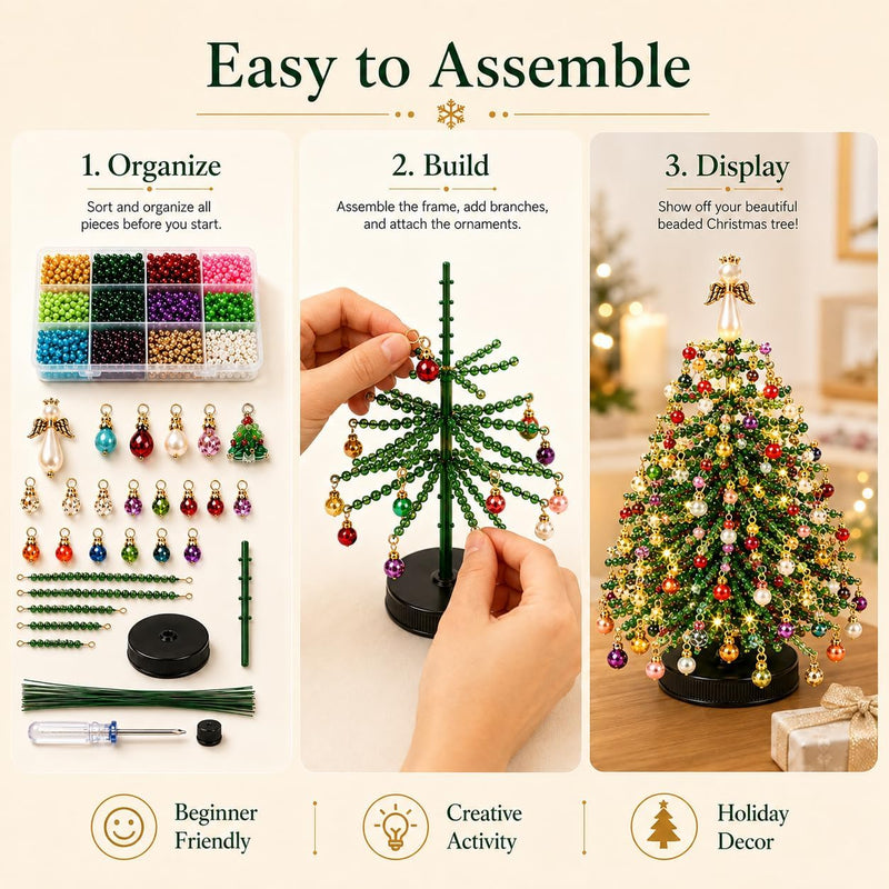 11" DIY Beaded Christmas Tree Kit - Realistic Artificial Holiday Tree with Lights, Angel Topper & Decorations for Home, Wedding, Office, Seasonal Displays