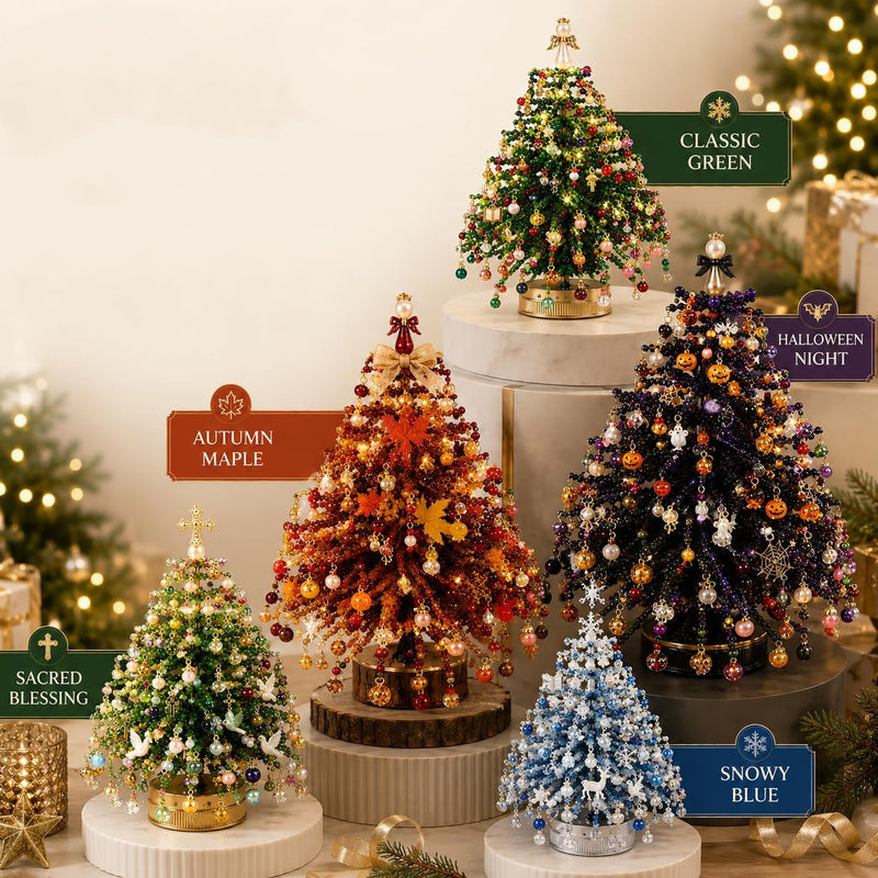 11" DIY Beaded Christmas Tree Kit - Realistic Artificial Holiday Tree with Lights, Angel Topper & Decorations for Home, Wedding, Office, Seasonal Displays