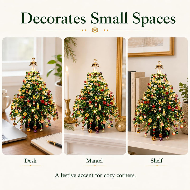 11" DIY Beaded Christmas Tree Kit - Realistic Artificial Holiday Tree with Lights, Angel Topper & Decorations for Home, Wedding, Office, Seasonal Displays