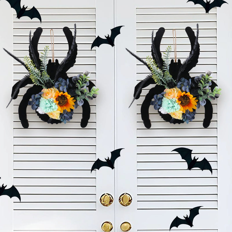 Spider Wooden Halloween Wreath, 12" Real-Touch Faux Floral Decorative Hanging Circle, Perfect for Indoor & Outdoor, Window Display, Party Decor