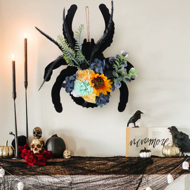 Spider Wooden Halloween Wreath, 12" Real-Touch Faux Floral Decorative Hanging Circle, Perfect for Indoor & Outdoor, Window Display, Party Decor
