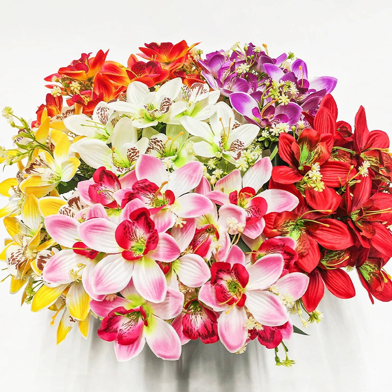 Real Touch Silk Orchid Stems - Set of 6 Lifelike Faux Flowers, 14" Tall with 3.5" Blooms, Bendable Stems for Vase Arrangements, Wedding Decor, Home & Office