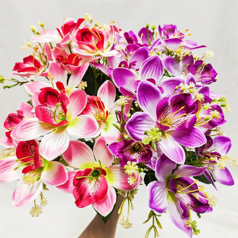 Real Touch Silk Orchid Stems - Set of 6 Lifelike Faux Flowers, 14" Tall with 3.5" Blooms, Bendable Stems for Vase Arrangements, Wedding Decor, Home & Office