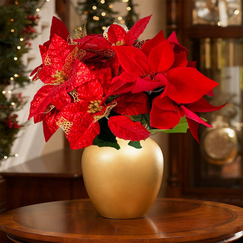 17" Realistic Artificial Poinsettia Stem with Gold Dust - Christmas Decor, Holiday Centerpiece, Wedding Floral Arrangement, Home Decor, Bulk Discounts Available