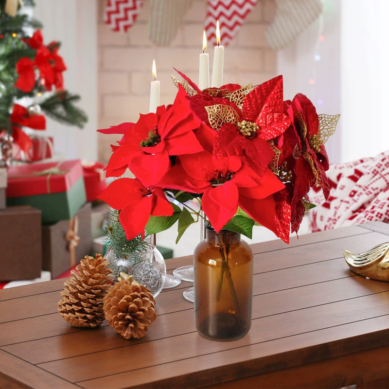 17" Realistic Artificial Poinsettia Stem with Gold Dust - Christmas Decor, Holiday Centerpiece, Wedding Floral Arrangement, Home Decor, Bulk Discounts Available