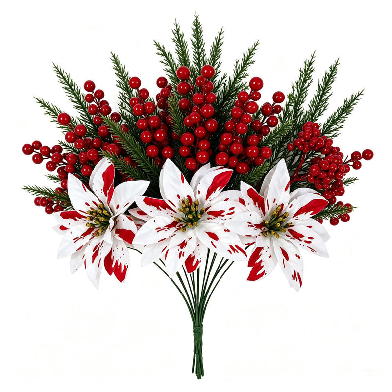 7-Piece Real-Touch Poinsettia Stems, 13" Artificial Christmas Flowers with Pine Cones – Bulk Holiday Decor for Weddings, Home, Retail Displays