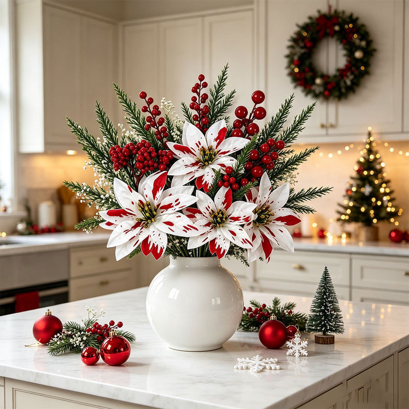 7-Piece Real-Touch Poinsettia Stems, 13" Artificial Christmas Flowers with Pine Cones – Bulk Holiday Decor for Weddings, Home, Retail Displays