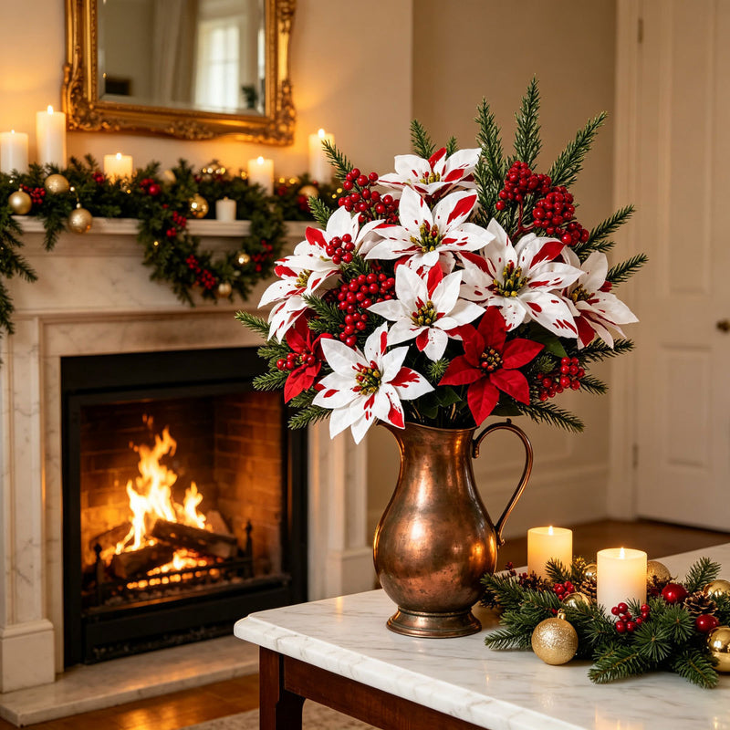 7-Piece Real-Touch Poinsettia Stems, 13" Artificial Christmas Flowers with Pine Cones – Bulk Holiday Decor for Weddings, Home, Retail Displays
