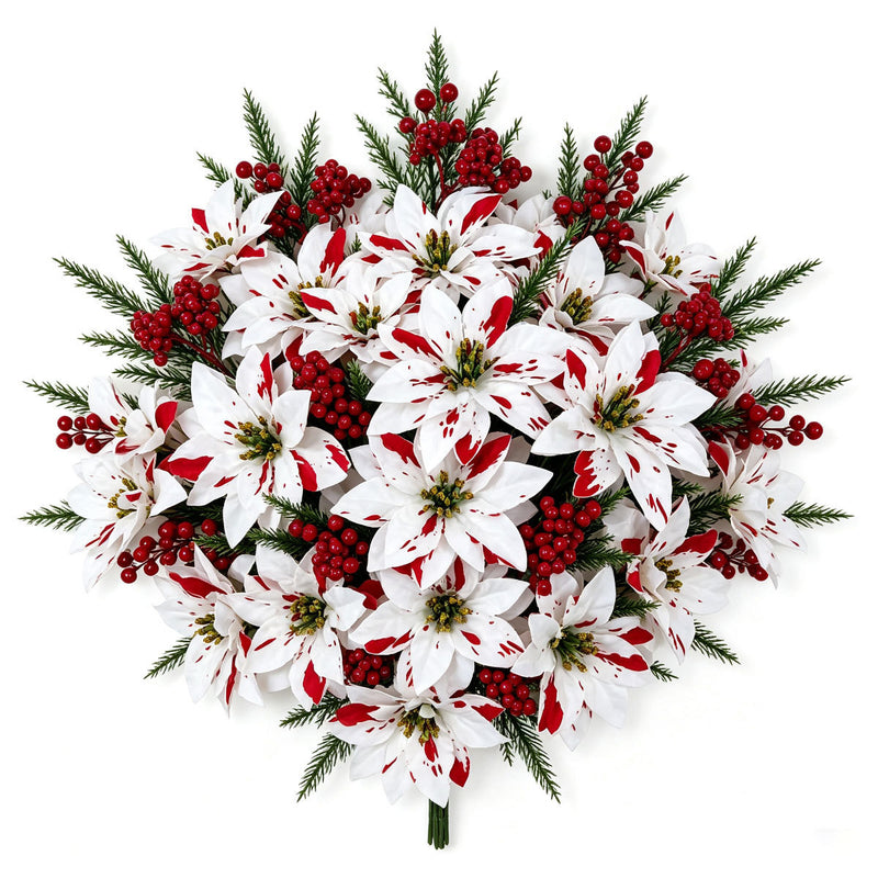 7-Piece Real-Touch Poinsettia Stems, 13" Artificial Christmas Flowers with Pine Cones – Bulk Holiday Decor for Weddings, Home, Retail Displays