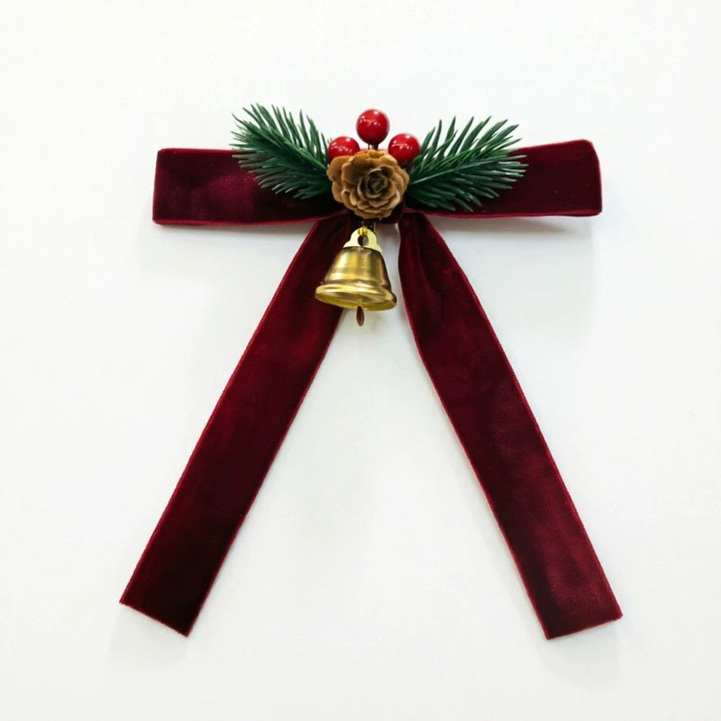 Velvet Bow & Bell Christmas Tree Ornaments, 7" Length, Set of 4, Holiday Home Decor, Wedding & Event Styling