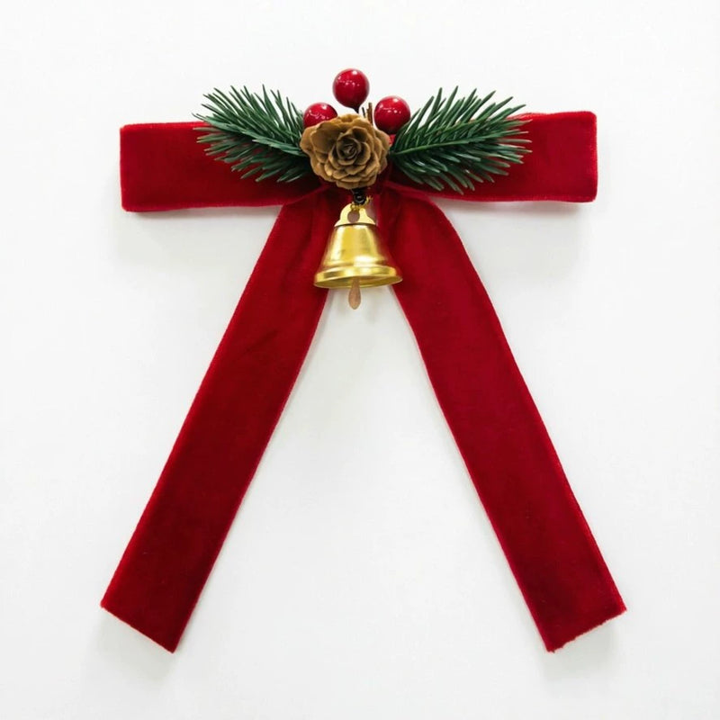 Velvet Bow & Bell Christmas Tree Ornaments, 7" Length, Set of 4, Holiday Home Decor, Wedding & Event Styling