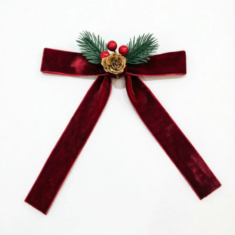 Velvet Bow & Bell Christmas Tree Ornaments, 7" Length, Set of 4, Holiday Home Decor, Wedding & Event Styling