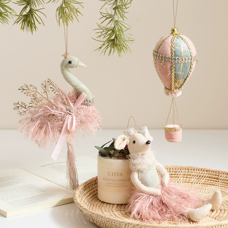 Velvet Christmas Ornament Set - 6 Elegant Pink & Green Flocked Swan Ball Decorations for Tree, Home, Weddings, Bulk Discounts