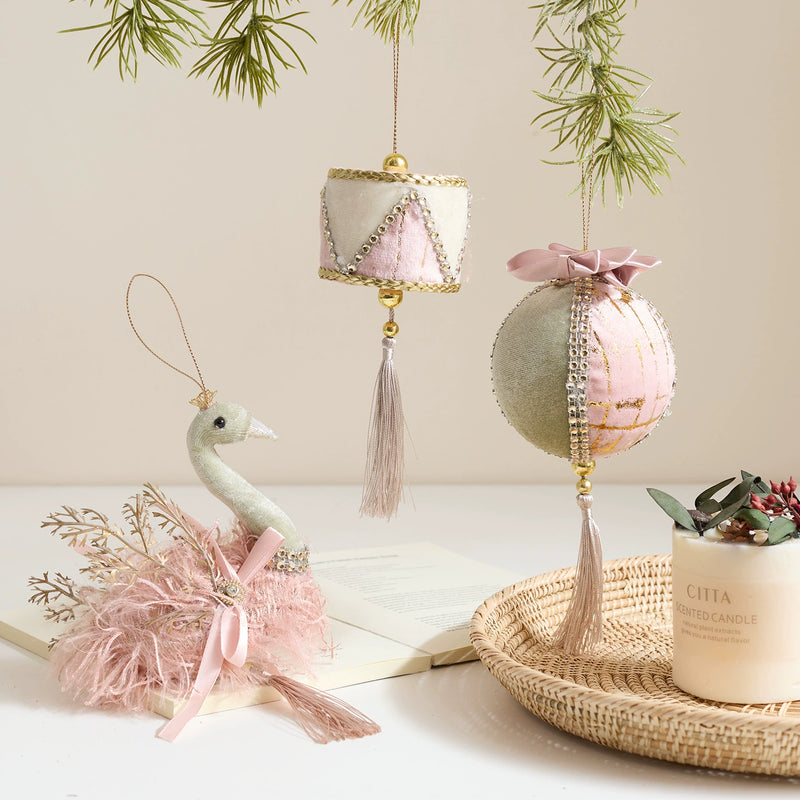 Velvet Christmas Ornament Set - 6 Elegant Pink & Green Flocked Swan Ball Decorations for Tree, Home, Weddings, Bulk Discounts
