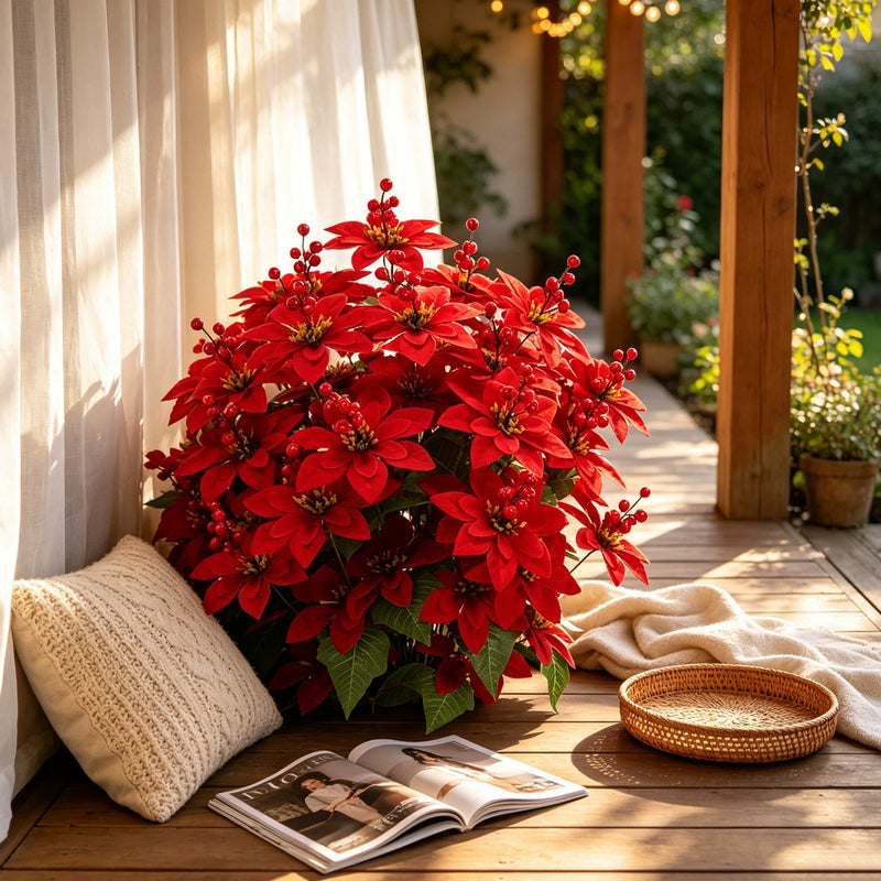Artificial Poinsettia Stems, 35" Tall Christmas Flowers, Real-Touch Faux Blooms for Holiday Decor, Weddings, and Home Vase Arrangements
