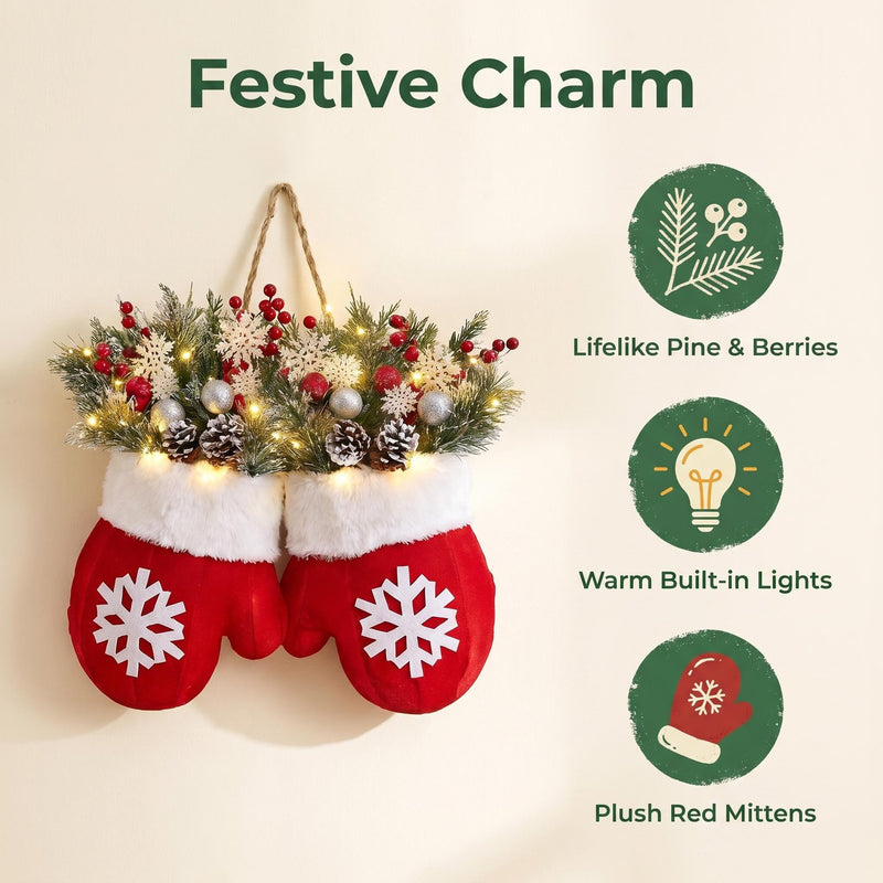 LED Pinecone & Berry Glove Wreath - 14" Realistic Faux Greenery with Lights, Christmas Door Hanger, Holiday Home Decor, Wedding Centerpiece