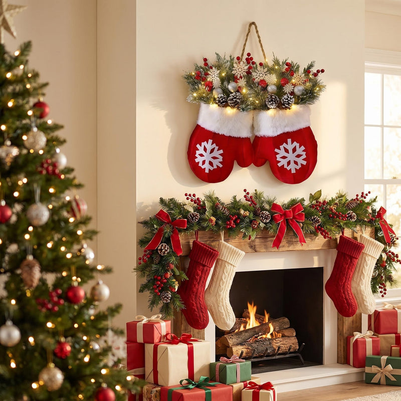 LED Pinecone & Berry Glove Wreath - 14" Realistic Faux Greenery with Lights, Christmas Door Hanger, Holiday Home Decor, Wedding Centerpiece