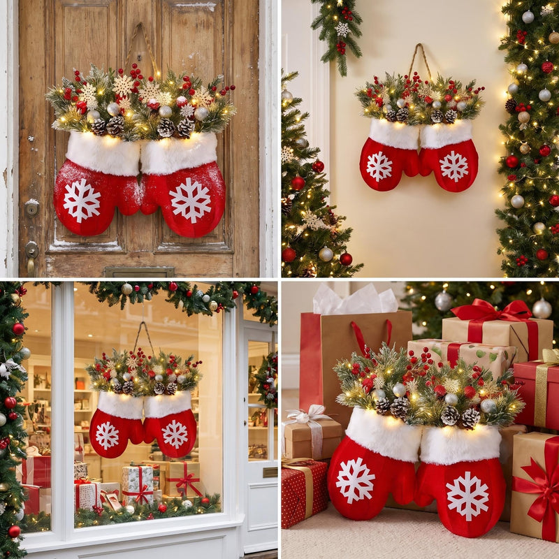 LED Pinecone & Berry Glove Wreath - 14" Realistic Faux Greenery with Lights, Christmas Door Hanger, Holiday Home Decor, Wedding Centerpiece