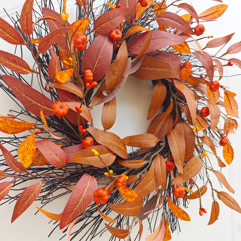 Fall Maple Leaf & Pumpkin Wreath, 17" Rustic Faux Floral Wreath for Front Door, Wedding Decor, Seasonal Home Decor