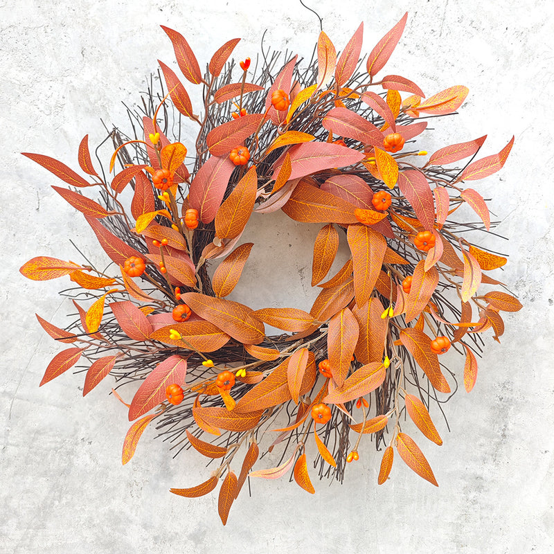 Fall Maple Leaf & Pumpkin Wreath, 17" Rustic Faux Floral Wreath for Front Door, Wedding Decor, Seasonal Home Decor