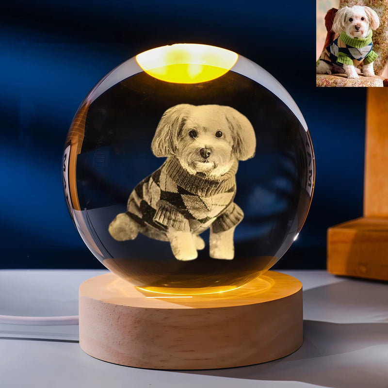 Personalized Pet Memorial Crystal Ball Lamp with Wooden Base, 2.5" Glass Globe, Custom Photo, LED Light, Home Decor, Wedding Gift, Anniversary Keepsake