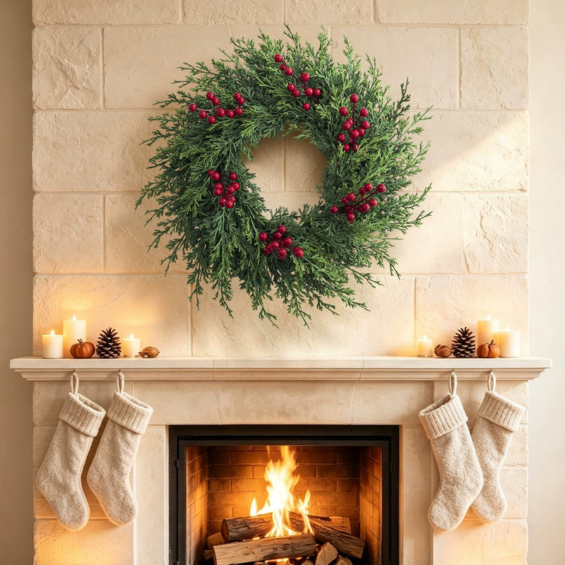 22" Realistic Pine & Berry Wreath, Holiday Decor, Indoor/Outdoor Use, Perfect for Christmas, Weddings, and Seasonal Events
