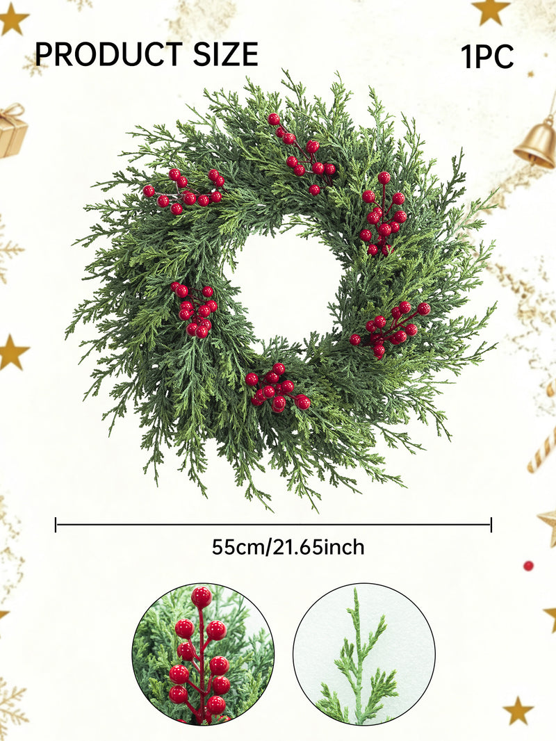 22" Realistic Pine & Berry Wreath, Holiday Decor, Indoor/Outdoor Use, Perfect for Christmas, Weddings, and Seasonal Events