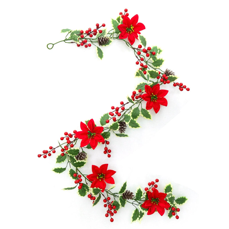 Christmas Garland with Poinsettia Leaves, Red Berries, and Vines, 67" Long, Holiday Decor, Wall Hanging, Wedding & Home Decoration