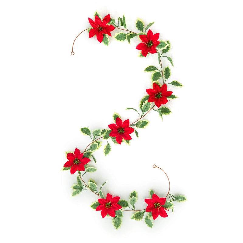 Christmas Garland with Poinsettia Leaves, Red Berries, and Vines, 67" Long, Holiday Decor, Wall Hanging, Wedding & Home Decoration