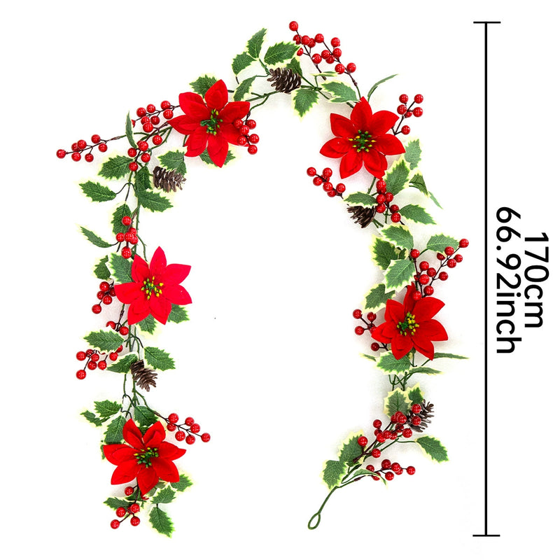 Christmas Garland with Poinsettia Leaves, Red Berries, and Vines, 67" Long, Holiday Decor, Wall Hanging, Wedding & Home Decoration