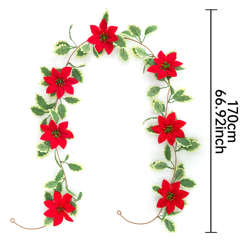 Christmas Garland with Poinsettia Leaves, Red Berries, and Vines, 67" Long, Holiday Decor, Wall Hanging, Wedding & Home Decoration