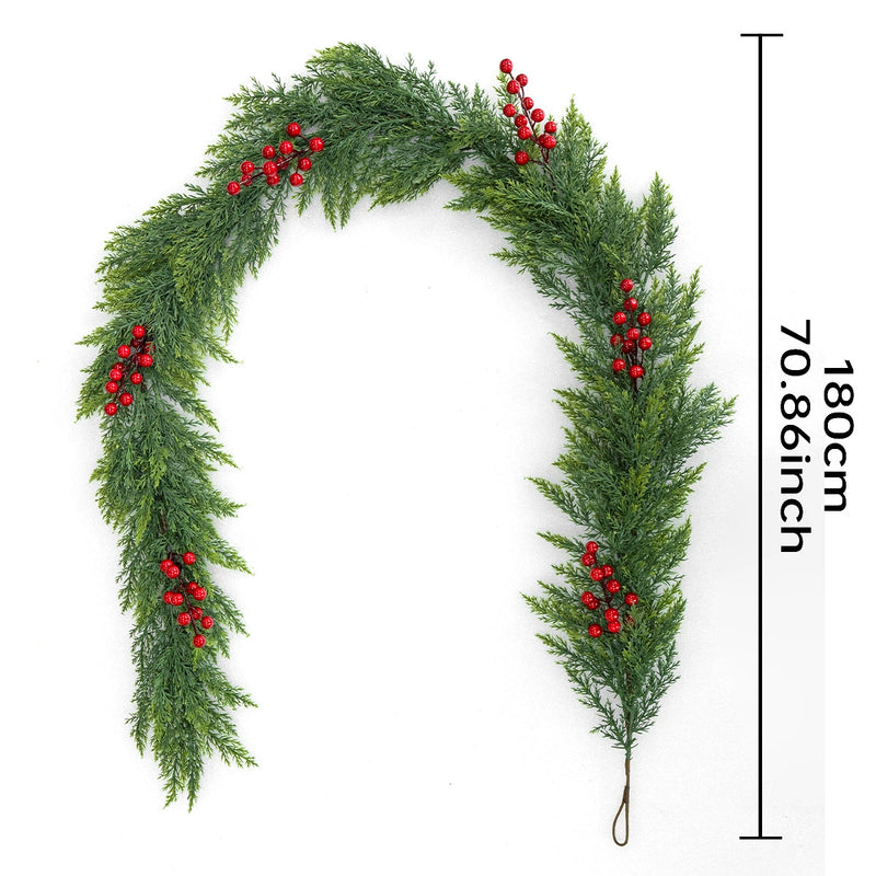 Christmas Cat Tail Grass Garland with Red Berries & Lights, 71" Long, Real-Touch Faux Greenery for Indoor Outdoor Decor, Holidays, Weddings, Home Decor
