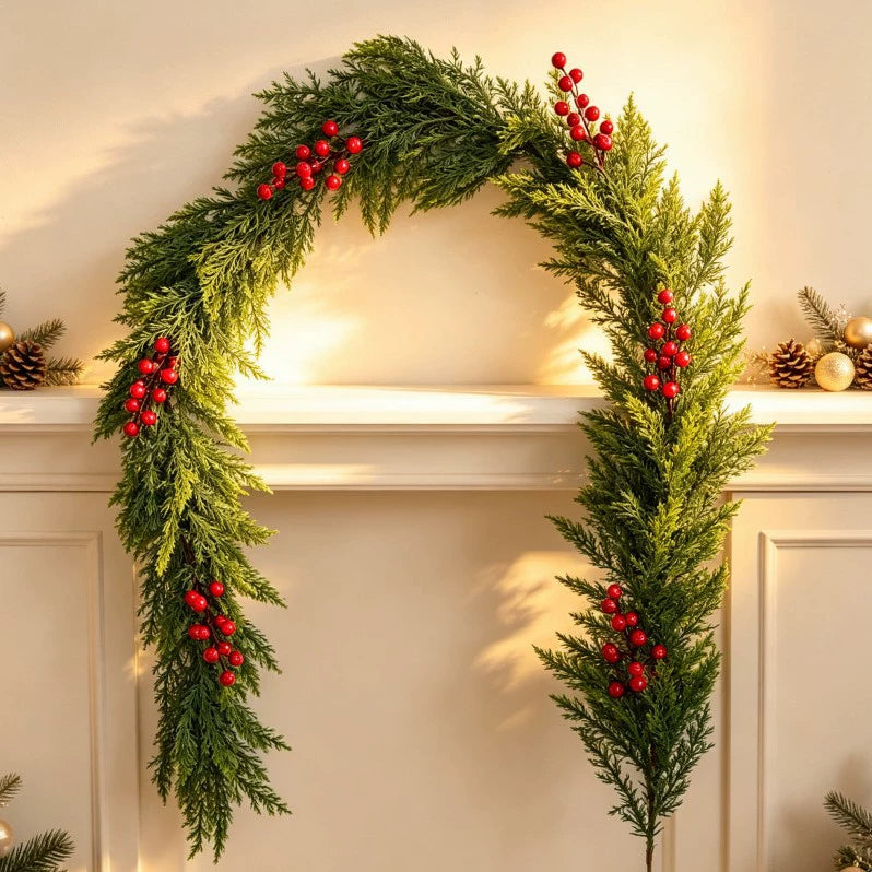 Christmas Cat Tail Grass Garland with Red Berries & Lights, 71" Long, Real-Touch Faux Greenery for Indoor Outdoor Decor, Holidays, Weddings, Home Decor