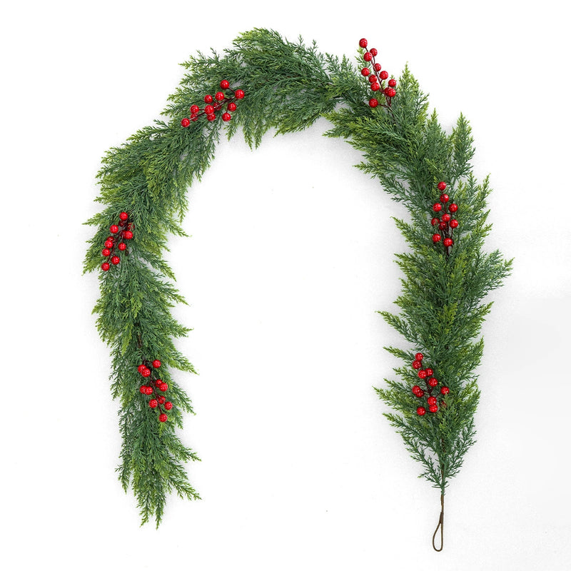 Christmas Cat Tail Grass Garland with Red Berries & Lights, 71" Long, Real-Touch Faux Greenery for Indoor Outdoor Decor, Holidays, Weddings, Home Decor