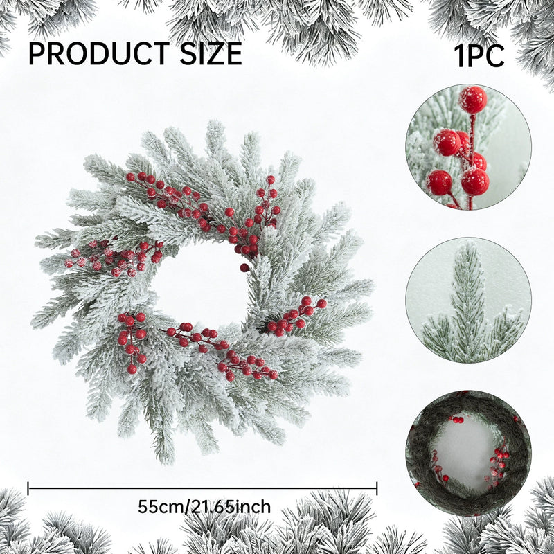 Christmas Wreath with Snow, Pine, and Berries, 22" Outdoor Frosted Winter Decoration for Holidays, Weddings, Home Decor