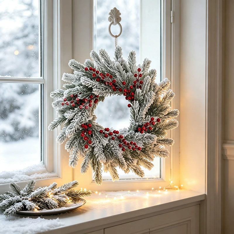 Christmas Wreath with Snow, Pine, and Berries, 22" Outdoor Frosted Winter Decoration for Holidays, Weddings, Home Decor