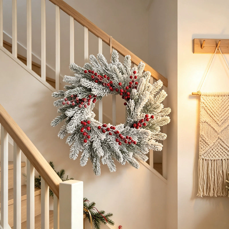 Christmas Wreath with Snow, Pine, and Berries, 22" Outdoor Frosted Winter Decoration for Holidays, Weddings, Home Decor