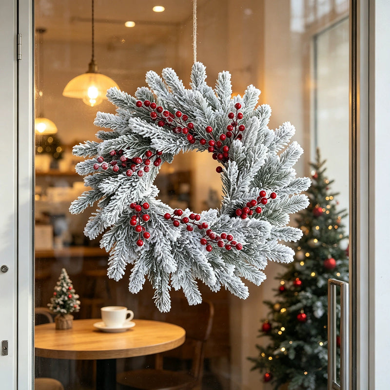 Christmas Wreath with Snow, Pine, and Berries, 22" Outdoor Frosted Winter Decoration for Holidays, Weddings, Home Decor