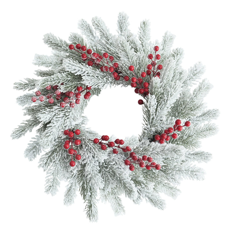 Christmas Wreath with Snow, Pine, and Berries, 22" Outdoor Frosted Winter Decoration for Holidays, Weddings, Home Decor