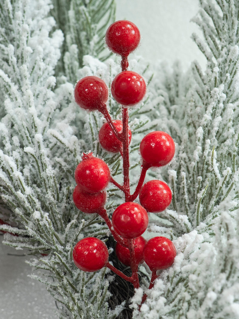 Christmas Wreath with Snow, Pine, and Berries, 22" Outdoor Frosted Winter Decoration for Holidays, Weddings, Home Decor
