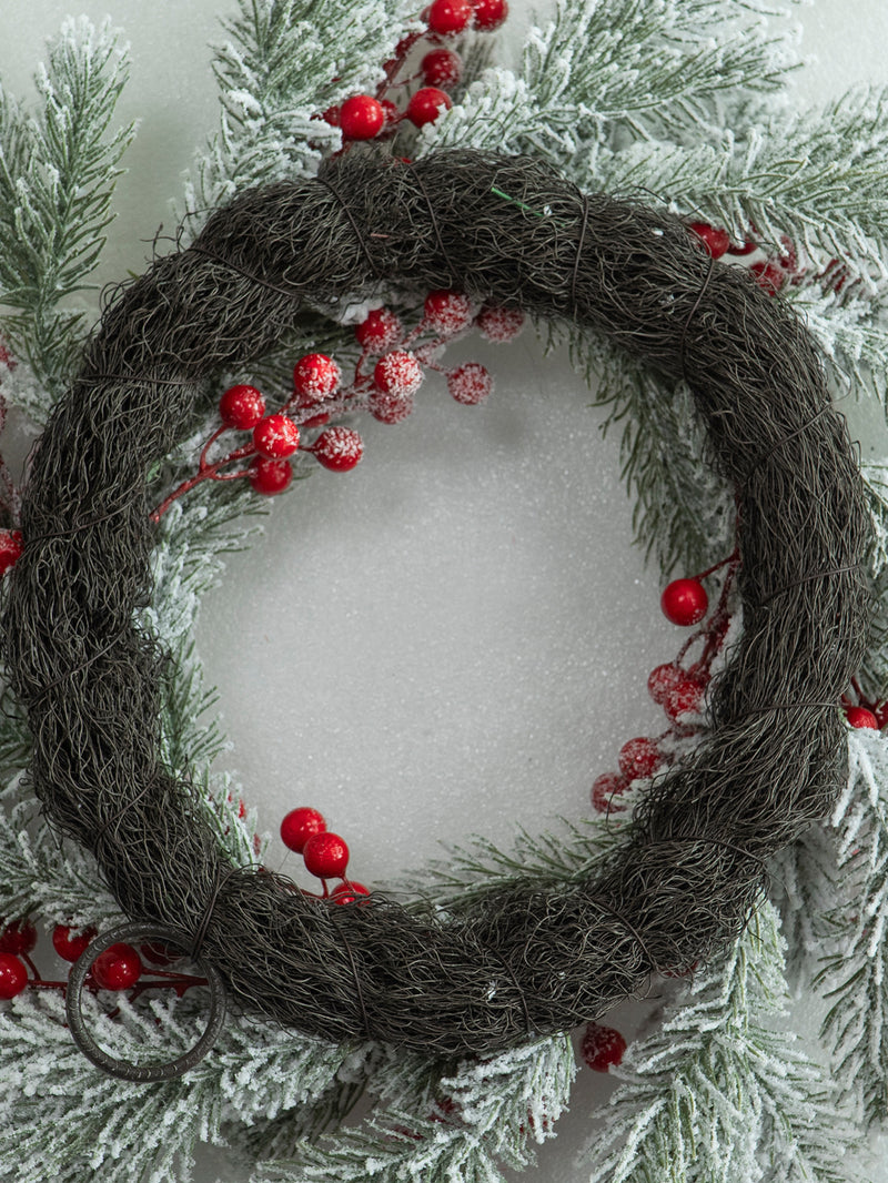 Christmas Wreath with Snow, Pine, and Berries, 22" Outdoor Frosted Winter Decoration for Holidays, Weddings, Home Decor