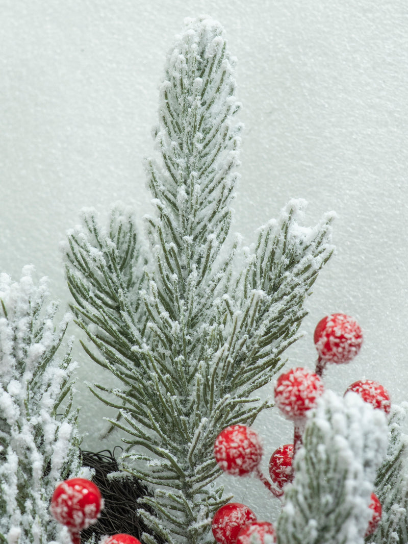 Christmas Wreath with Snow, Pine, and Berries, 22" Outdoor Frosted Winter Decoration for Holidays, Weddings, Home Decor