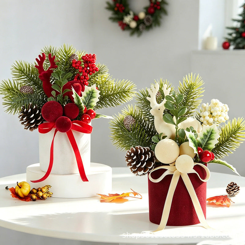 Flocked Mini Reindeer Christmas Tree with Twine Bow, 9" Tall, Festive Holiday Decor for Tabletop, Home, Wedding, or Event