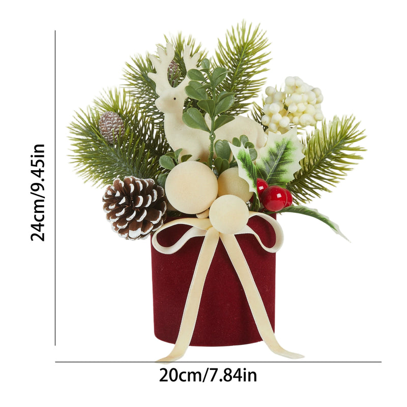 Flocked Mini Reindeer Christmas Tree with Twine Bow, 9" Tall, Festive Holiday Decor for Tabletop, Home, Wedding, or Event