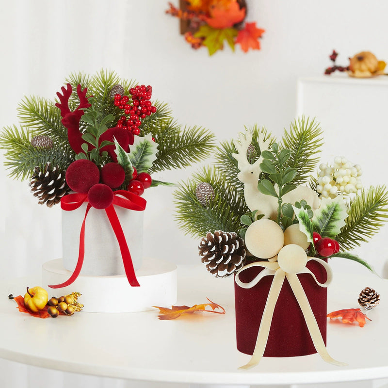 Flocked Mini Reindeer Christmas Tree with Twine Bow, 9" Tall, Festive Holiday Decor for Tabletop, Home, Wedding, or Event