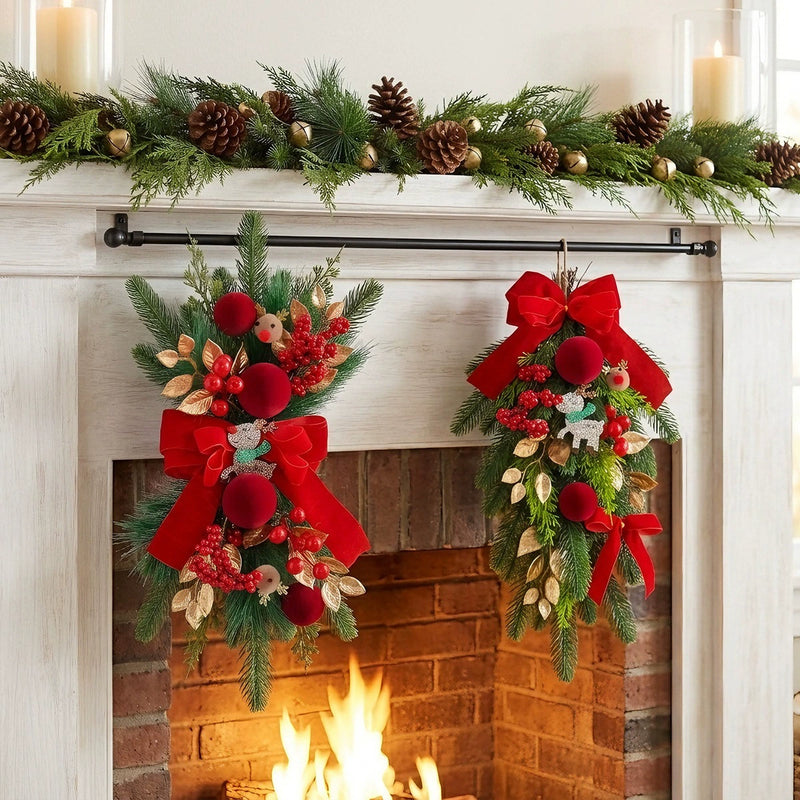 Velvet Red Reindeer Hanging Decor - 19" Christmas Wreath & Cone Ornaments Set, Rustic Holiday Door Hanging for Home, Wedding, Boutique Wholesale
