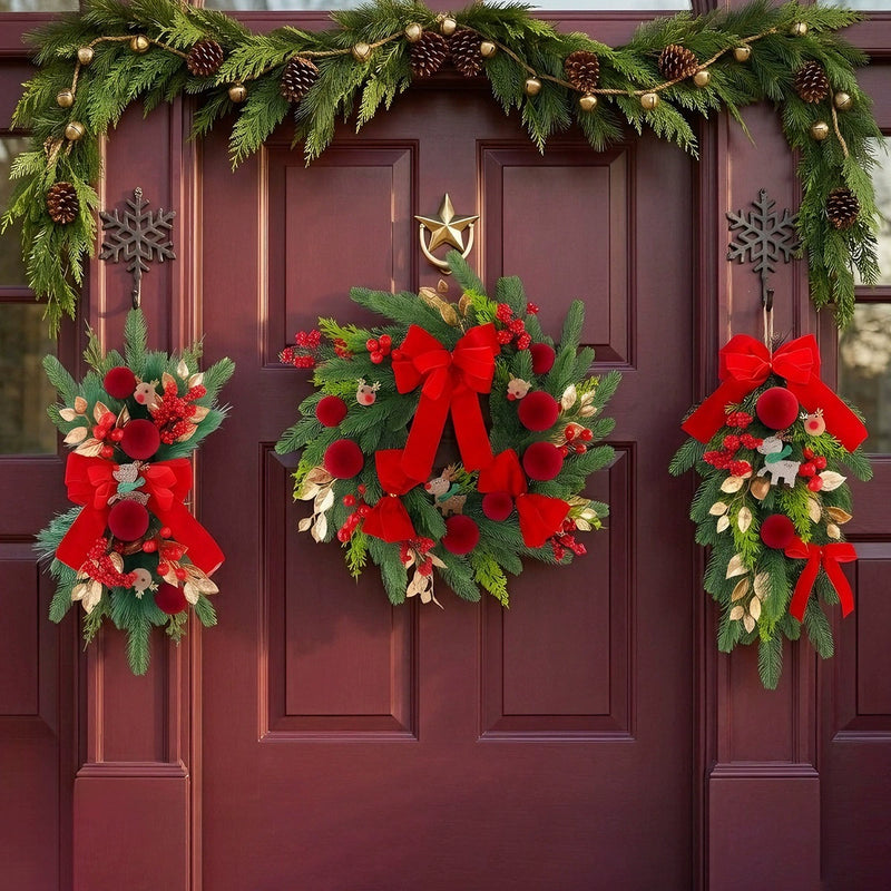 Velvet Red Reindeer Hanging Decor - 19" Christmas Wreath & Cone Ornaments Set, Rustic Holiday Door Hanging for Home, Wedding, Boutique Wholesale