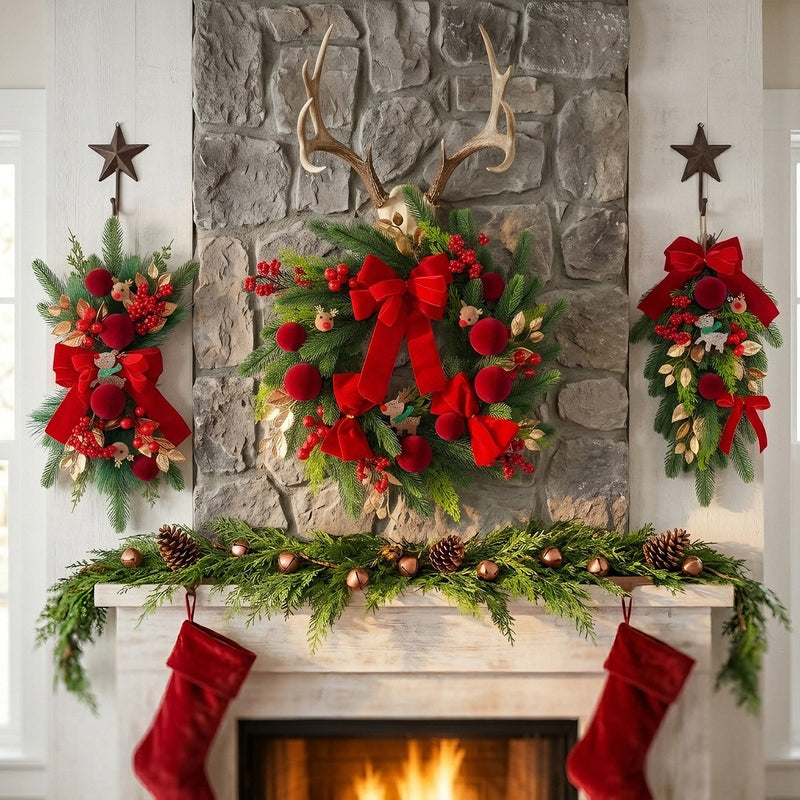 Velvet Red Reindeer Hanging Decor - 19" Christmas Wreath & Cone Ornaments Set, Rustic Holiday Door Hanging for Home, Wedding, Boutique Wholesale