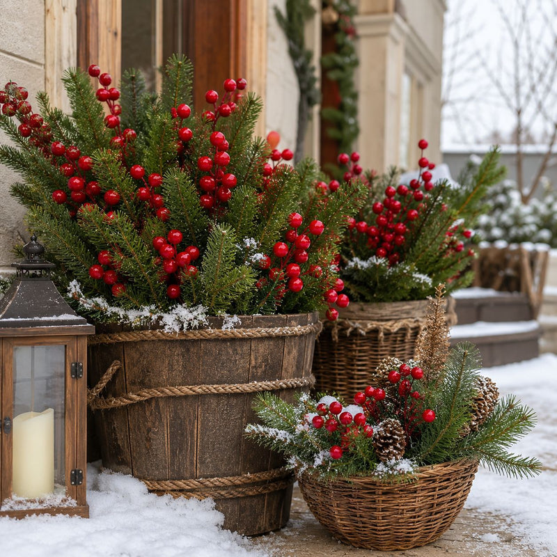 15" Realistic Artificial Pine Sprigs with Red Berries, Christmas Holiday Decor, DIY Floral Arrangements, Wedding Centerpieces, Home & Window Display
